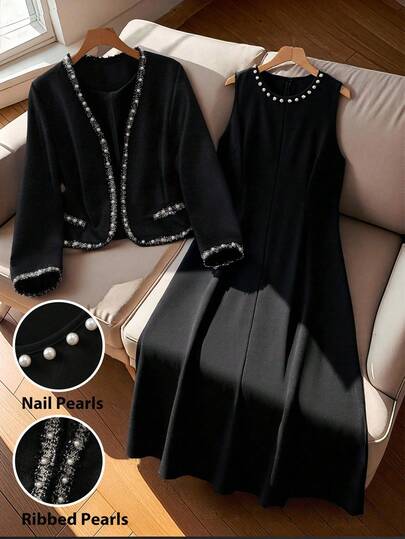 Regalyn Plus Size Women's 2-Piece Set: Elegant Black Contrast Pearl Beaded Trim V-Neck Long Sleeve Cardigan Jacket And Round Neck Pearl Embellished Maxi Dress, Suitable For Autumn/Winter Casual, Work, Party