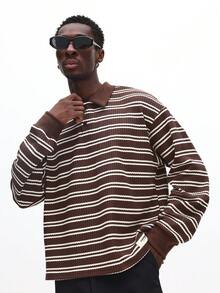 SUMWON 常规版型长袖纹理横条纹针织 Polo 衫尖领休闲日常百搭男装 - 咖啡棕 - 查看 1