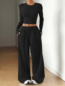 Girlism Teen Girls T-Shirt Co-Ords Solid Color Crew Neck Long Sleeve Snug Fit T-Shirt And Sweatpants Set - Black - View 3