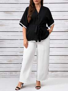 EMERY ROSE Elegant & Comfortable Plus Size Women 2 Pieces Set With Contrast Trim, Everyday Wear - Black and White - View 7