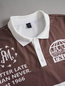 ROMWE MEN Street Life Men's Preppy Collegiate Style Printed Long Sleeve Polo Shirt, Autumn/Winter - Coffee Brown - View 4