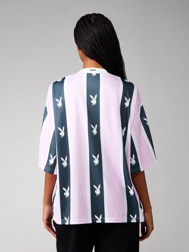 Missguided x Playboy Bunny Head Stripe Oversized V-Neck Football Jersey Tee