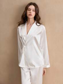 EverLounge 秋季两件套缎面系带长袖上衣和裤子女士睡衣套装 白色 Old Money，秋冬服装 - 杏色 - 查看 6