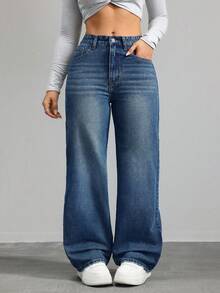 SHEIN CURVE+ Spring Plus Size Women Cowgirl Blue Non-Stretch Skinny Straight Leg Jeans, Spring - Medium Wash - View 5