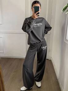 DAZY Bộ đồ thể thao nữ dáng rộng vai rớt gồm áo nỉ và quần nỉ, gồm 2 món, thích hợp mặc ở nhà. - Xám - Xem 4