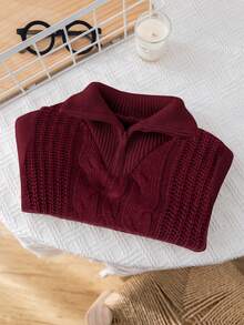 SHEIN Baby Boy/Girl Burgundy Autumn/Winter Collegiate Vintage Textured Intarsia Solid Color Knit Soft Mock Neck Zip-Up Long Sleeve Pullover Top, Soft & Comfortable For School, Home, Outings, New Year Baby Clothes Girl Fall Sweater Toddler Sweaters Baby Boy Burgundy Clothes Baby Boy Sweaters Baby Solid Color Knitted Sweater - Burgundy - View 9