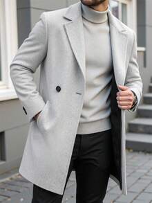Manfinity Homme Men's Solid Color Pocket & Button Front Long Sleeve Overcoat, Autumn Fall Going Out Overcoat, For Friends, Husband, Boyfriend Gifts, Men Trench Coat Suit, Gray Outfits Men, Luxury Fall Men Outfits