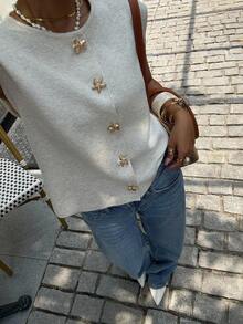 Siren Gaze 女装秋冬新款金属扣装饰针织背心海星纽扣上衣贝壳纽扣上衣女针织上衣，秋季 - 杏色 - 查看 4