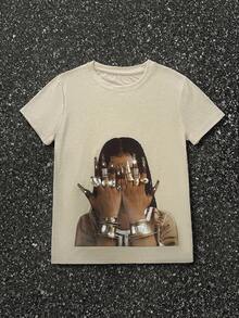 INAWLY Women's Figure Print Round Neck Casual Loose Short Sleeve T-Shirt - Khaki - View 3