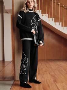 Franclia Women's Elegant Black And White Floral Sweater Set,Contrast Trim Drop Shoulder Knit Top & Long Pants 2 Pieces Set For Autumn Brunch Autumn/Winter - Black - View 7