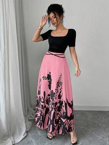 Rafferiza Đầm tay ngắn in họa tiết kiểu qipao thắt eo thanh lịch dành cho nữ - Hồng - Xem 3