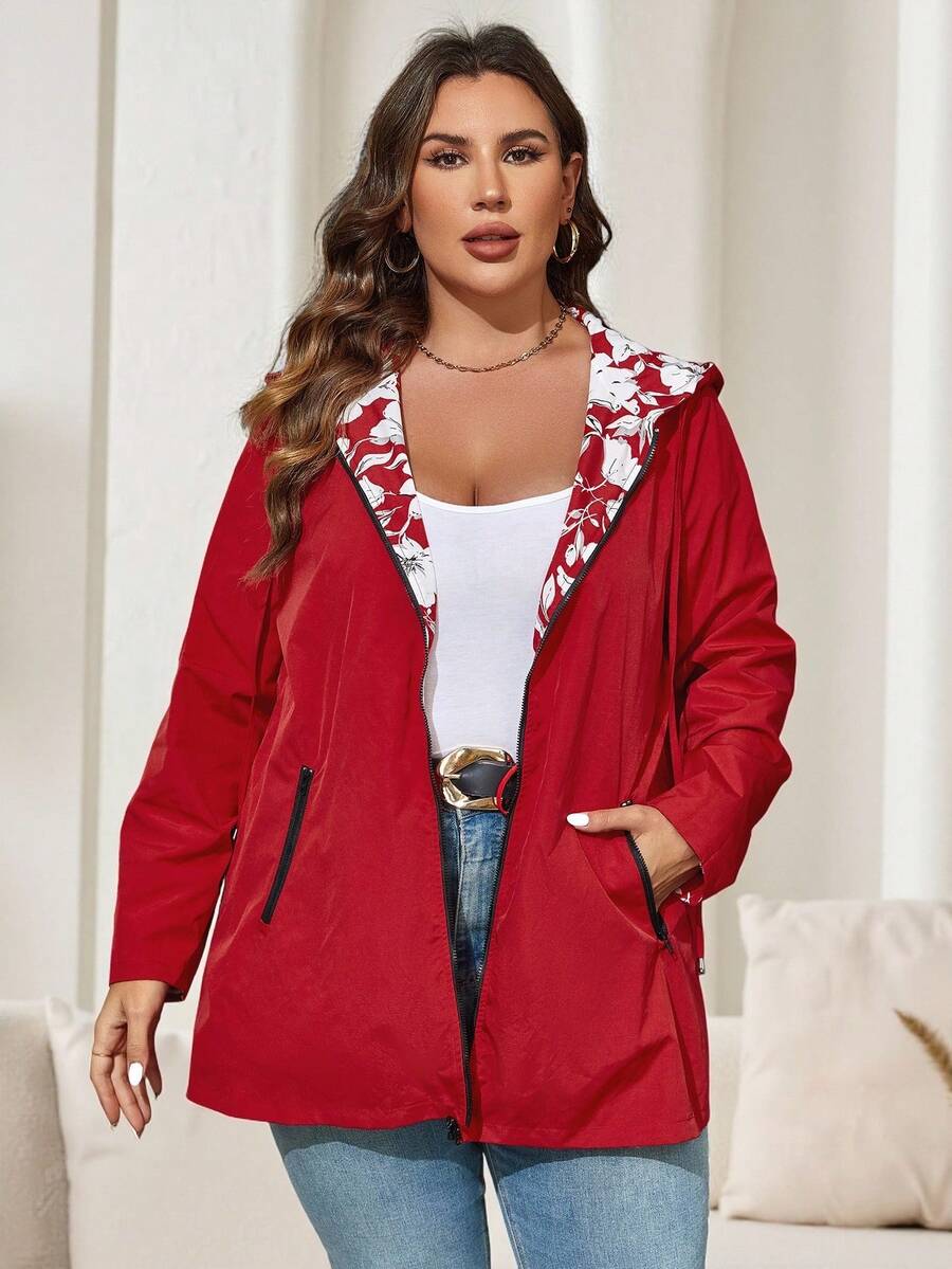 Reflora Plus Size Women Geometric Print Reversible Long Sleeve Casual Hooded Loose Jacket, Suitable For Autumn And Winter Fall - Red - View 1