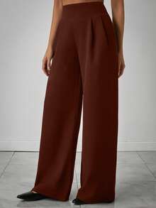 EURMUSE Quần ống rộng xếp ly màu trơn dành cho nữ - màu nâu - Xem 6