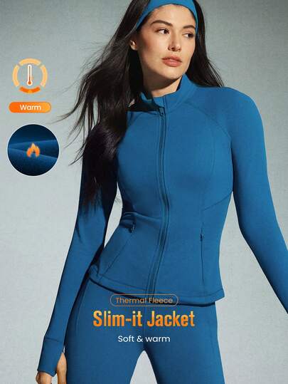 GLOWMODE FeatherFit™-Warm Slim-It It's Chilly 羊毛衬里修身长袖夹克，带拇指孔，秋冬瑜伽日常休闲