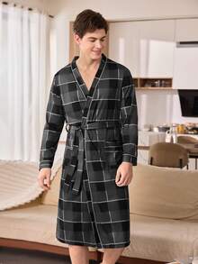 SHEIN Men's Casual Comfortable Plaid Print Long Sleeve Robe, Autumn, Winter - Black - View 4