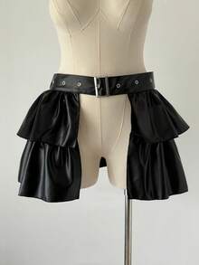 Sunspun Fall/Winter Elegant Gothic Mini Skirt, Double-Layer Pleated Design With Eyelets Waistband, Belted Skirt - Black - View 6