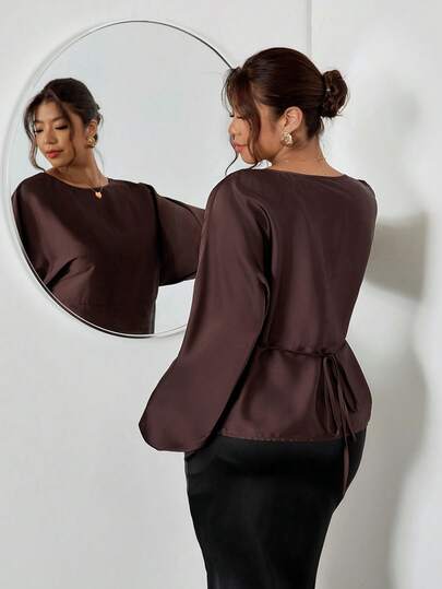 Firerie Plus Size Solid Color Twist Crew Neck Elegant Long Sleeve Blouse Brown Blouses Coffee Brown Top Dark Brown Top