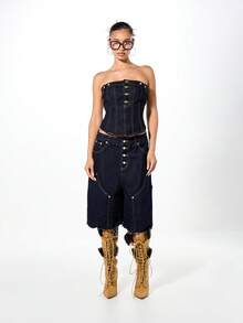 SUMWON WOMEN Áo corset ống quây bằng vải denim màu chàm có chi tiết nút vàng và viền thô - Màu xanh lam - Xem 5