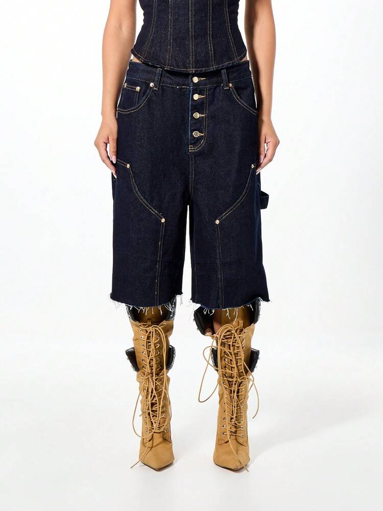SUMWON WOMEN Raw Hem Wide Leg Denim Jorts With Buttons