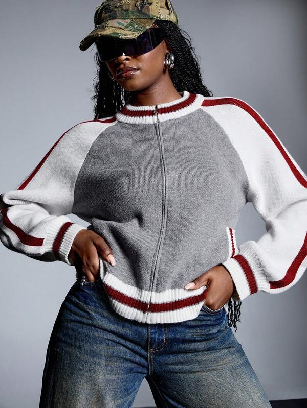 LYSMO Grau & Rot Kontrast Farbe Lässig Street-Style Oversized Langarm Strickjacke, Herbst/Winter