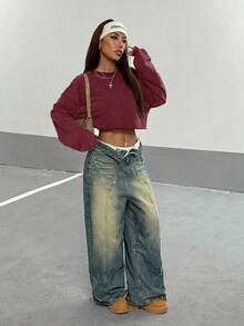 StreetHx Women's Solid Color Round Neck Loose Box-Shaped Cropped Washed Sweatshirt - Red - View 6