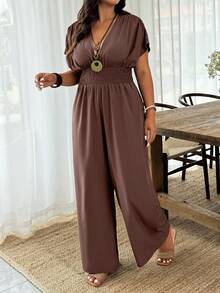 SHEIN PETITE CURVE Bộ đồ liền thân ống rộng tay ngắn co giãn màu trơn cỡ lớn dành cho nữ - màu nâu - Xem 3