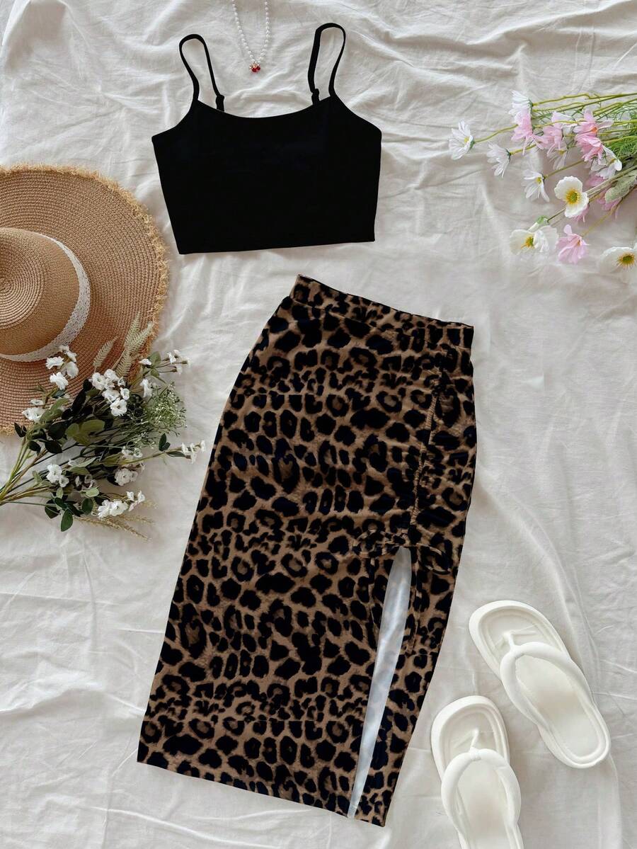 Soleia Casual & Holiday Style Black Solid Color Spaghetti Strap Tank Top & Khaki Leopard Print A-Line Split Hem Skirt 2 Pieces Set For Women,Summer Sets Suitable For Going Out - Khaki - View 1