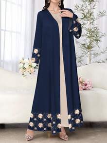 SHEIN Najma 女式花卉植物图案印花海军蓝长袖休闲阿拉伯长袍，春秋季 - 彩色 - 查看 3