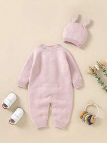 SHEIN Vintaside Kids Bộ đồ liền thân áo len nhún bèo màu mơ cho bé gái sơ sinh/trẻ mới biết đi - Màu Hồng baby - Xem 2