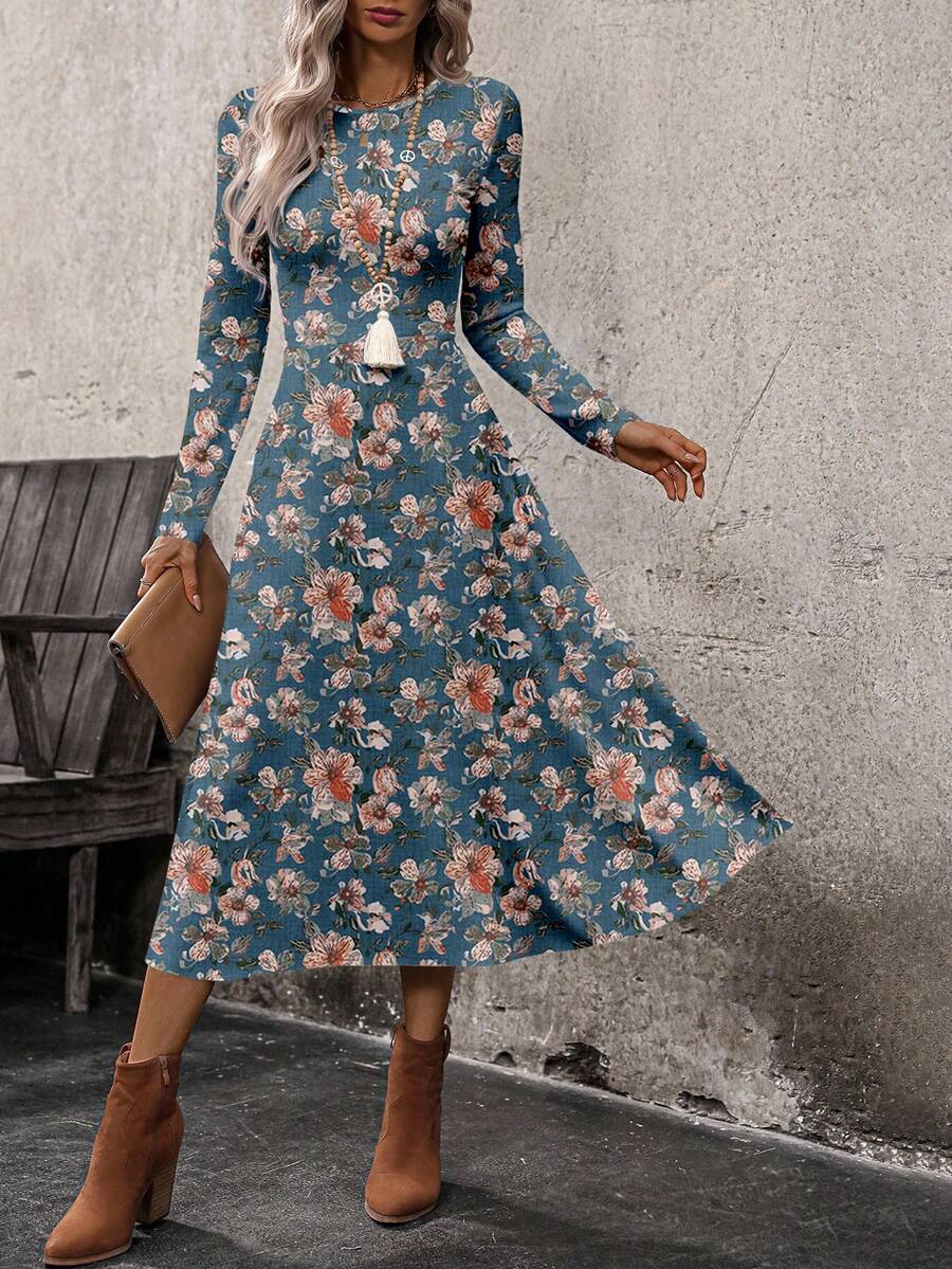 EMERY ROSE Casual Retro Floral Pattern Long Dress For Women