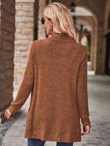 EMERY ROSE 女式休闲罗纹拉绒前开侧袋短裤薄夹克 - 棕色 - 查看 2