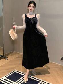 DAZY Fashionable Velvet Jacquard Bow Decor Mid-Length Dress For Women Elegant Women Dresses Prom Dress - Black - View 8