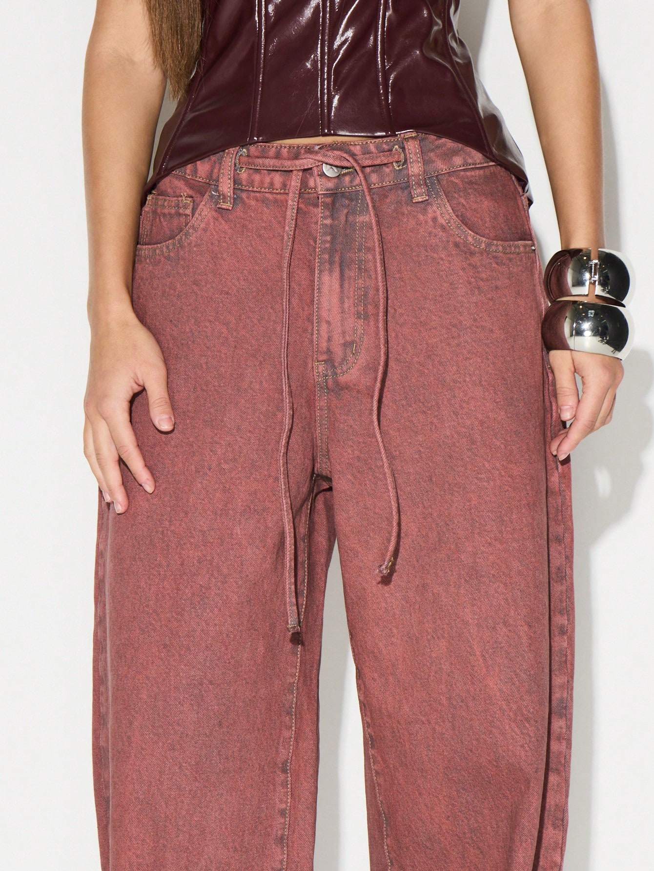 KIZN High Rise Wide Leg Jeans With Drawstring