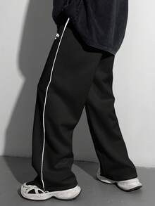 SHEIN 青少年男童宽松直筒裤，撞色黑色饰边，秋冬百搭，适合上学、居家、日常穿着、运动、生日派对、郊游，百搭、简约、复古 - 黑色 - 查看 2