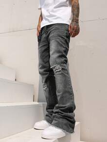 Manfinity Homme Men's Pocket Distressed Frayed Hem Flare Leg Casual Jeans Men Distressed Jeans - Dark Grey - View 4