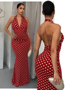 SHEIN SXY 女式性感深V领波尔卡圆点优雅吊带鱼尾下摆连衣裙 - 玫瑰紅 - 查看 4