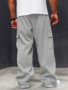 Manfinity Roughcore Men's Plus Size Solid Color Drawstring Cargo Pants With Multi-Pocket,Casual Style Baggy Cargo Pants,Black Pants For Men - Light Grey - View 2