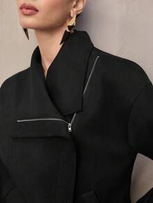 Modelyn 女式仿麂皮翻领空气层黑色拉链时尚夹克 - 黑色 - 查看 7