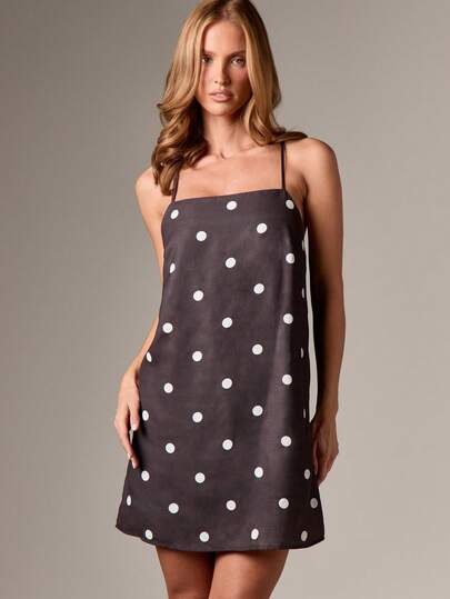 AiiRZ Polka Dot Linen Feel Mini Dress Spaghetti Strap Cross Back Summer Party Evening Wedding Guest A Line Sundress Sleeveless Square Neck Beach Vacation Resort Wear