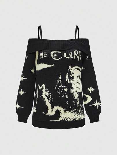 ROMWE Avant Pull ample en tricot jacquard à épaules dénudées avec lune et chat vintage pour femmes