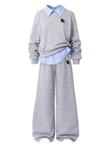 Sparklyn Set de 2 piezas para niñas preadolescentes: Sudadera estampada + Pantalones de pierna ancha, conjunto casual con cuello y bajo a rayas azul y blanco con parches