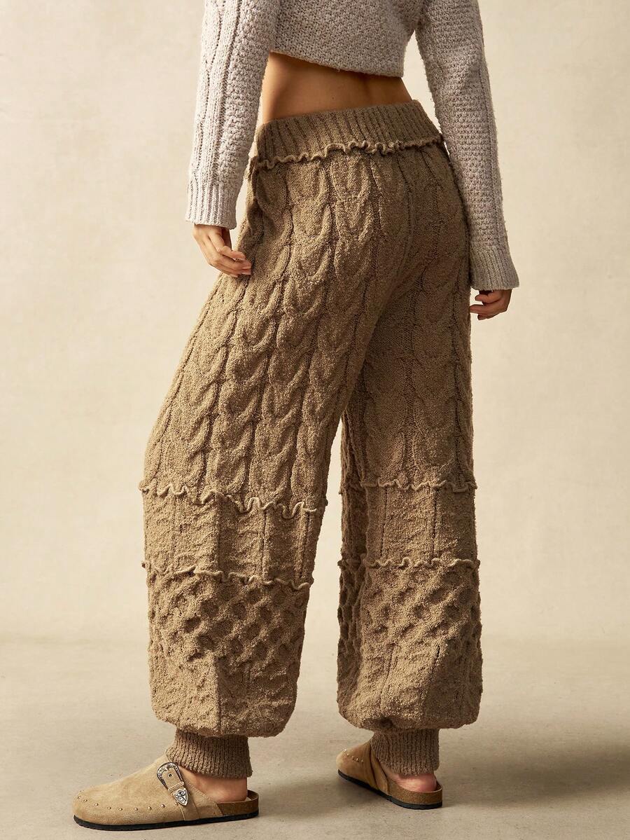 Bohemela 女式冬季粗针织拼布裤 - 卡其色 - 查看 1