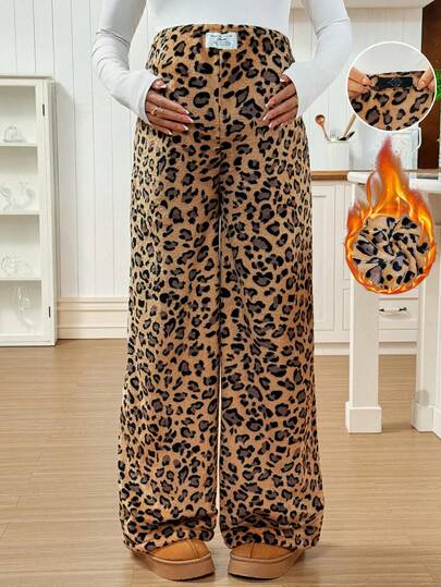 SHEIN Pantalones de chándal de pierna ancha con estampado de leopardo de moda para maternidad en otoño, invierno. Pantalones con estampado de leopardo, pantalones con estampado de guepardo, pantalones con estampado animal para mujer