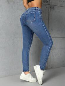 SHEIN Essnce 休闲中腰紧身洗水蓝牛仔裤 - 中等水洗藍 - 查看 2