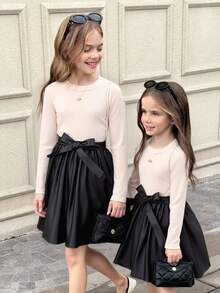 SHEIN 2 件套青少年女孩优雅休闲罗纹针织上衣 + 简约 PU 皮革腰裙（配腰带），秋冬 - 杏色 - 查看 1