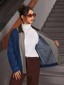 SHEIN Unity 女士秋季时尚拼色牛仔夹克 - 藍色 - 查看 9