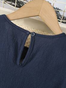 SHEIN Young Girl Solid Round Neck Puff Sleeve Fitted Casual Cake A-Line Dress,Autumn Winter - Navy Blue - View 9