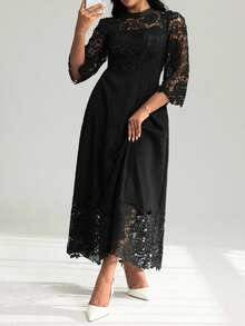 Modelyn Váy Maxi dài tay thêu lỗ vàng chắp vá cỡ lớn cho nữ - màu đen - Xem 7