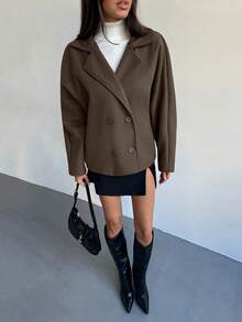 Aloruh 优雅别致露肩宽松高领双排扣羊毛外套，秋冬 - 棕色 - 查看 3