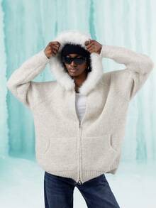 GENKIRA Nuevo y elegante cárdigan de lana de alta gama con cuello de piel - Albaricoque - Ver 6